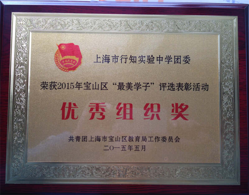 上海市行知实验中学团委荣获2015年宝山区“最美学子”评选表彰活动优秀组织奖”